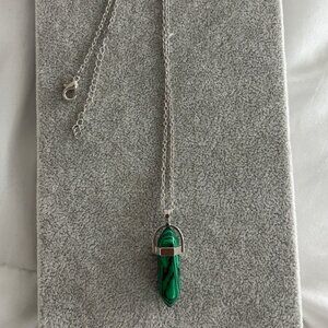 Green Malachite Crystal Pendant Necklace With Silver-Tone Chain 18" Long